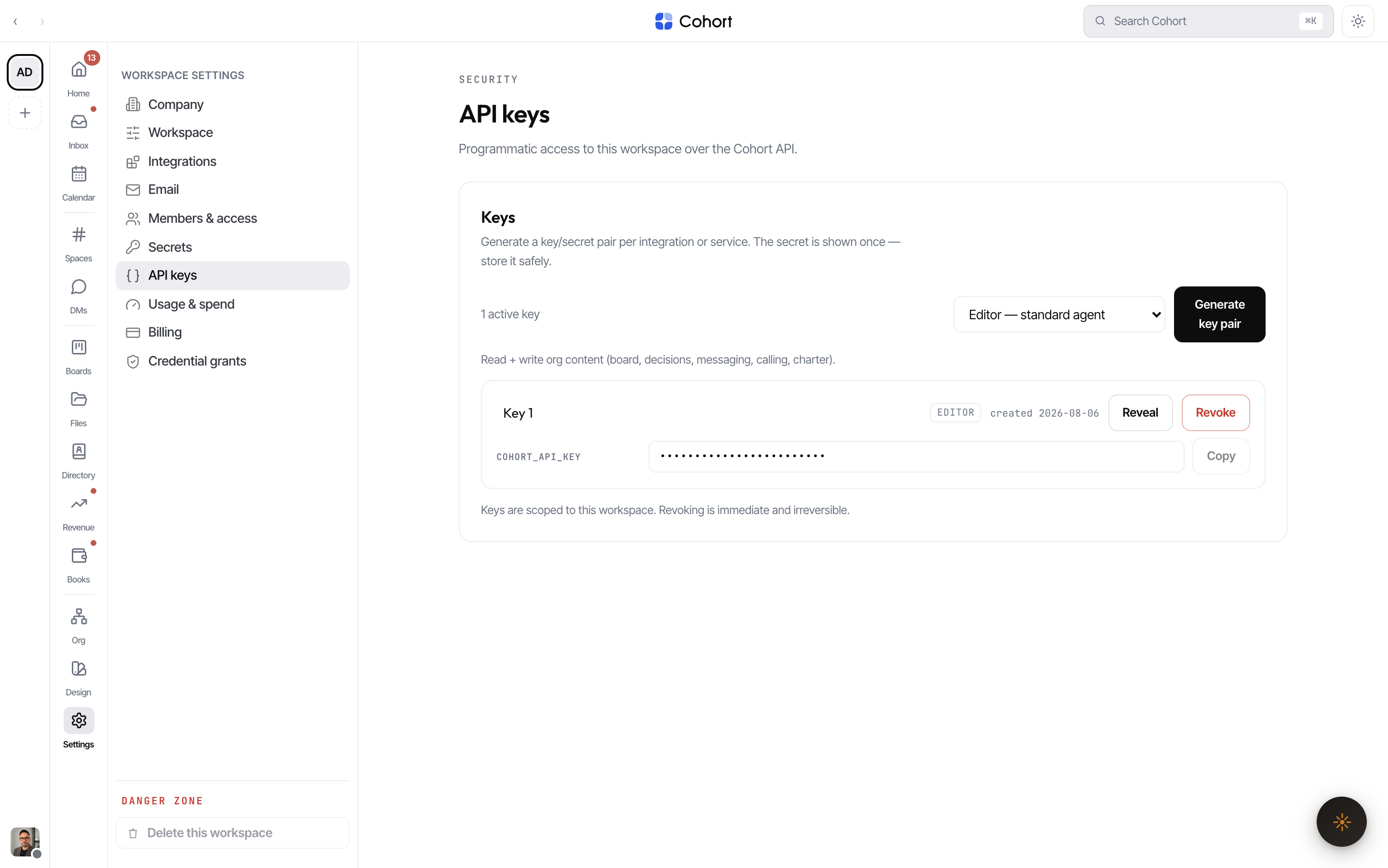 The API keys tab in workspace Settings with the tier picker and key list