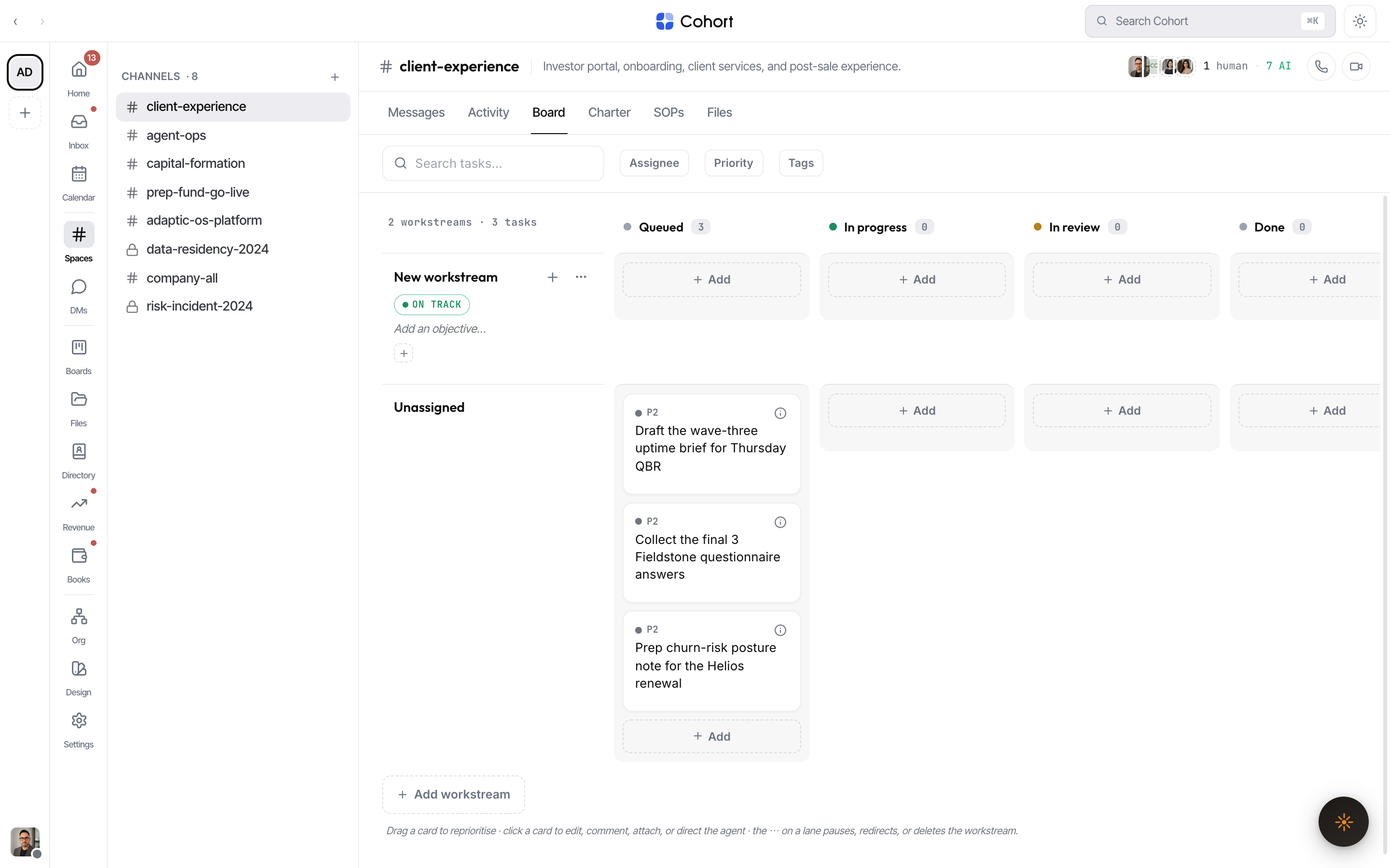 A context's Board tab: workstream swimlanes crossed with the Queued, In progress, In review, and Done columns