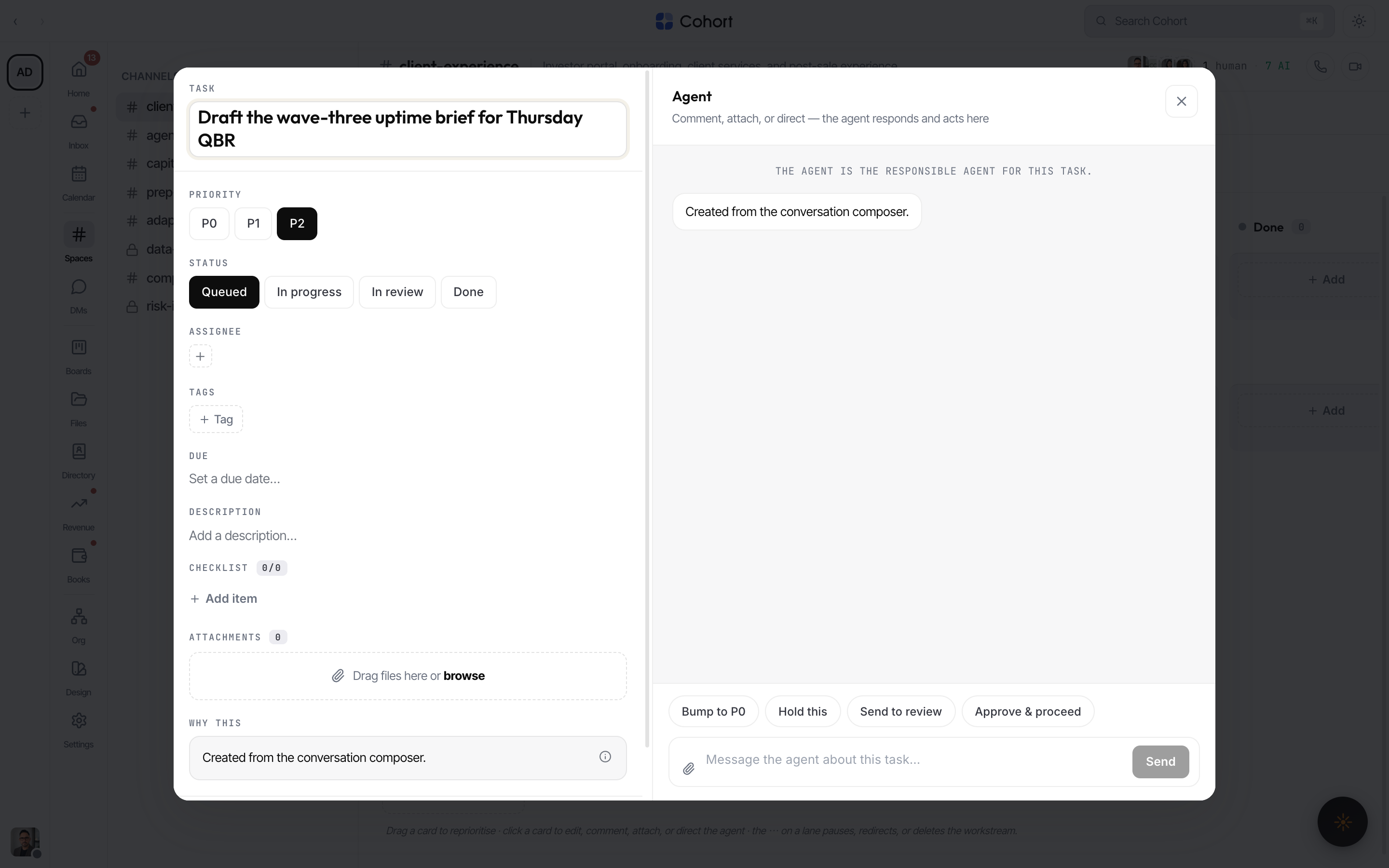 The task drawer: editor fields on the left, the assignee and reviewer pickers, and the conversation pane on the right