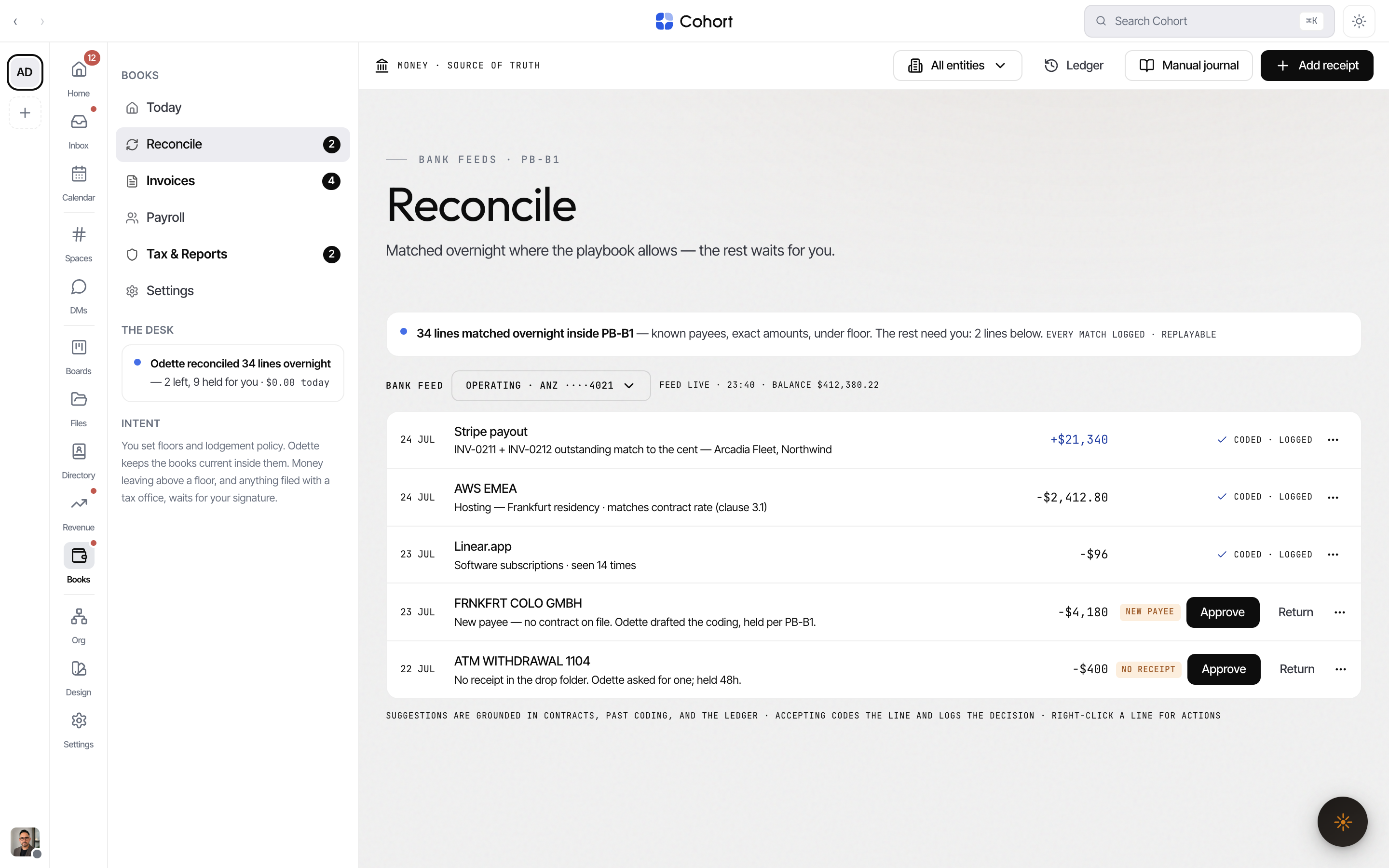 The reconcile feed with suggested and held lines