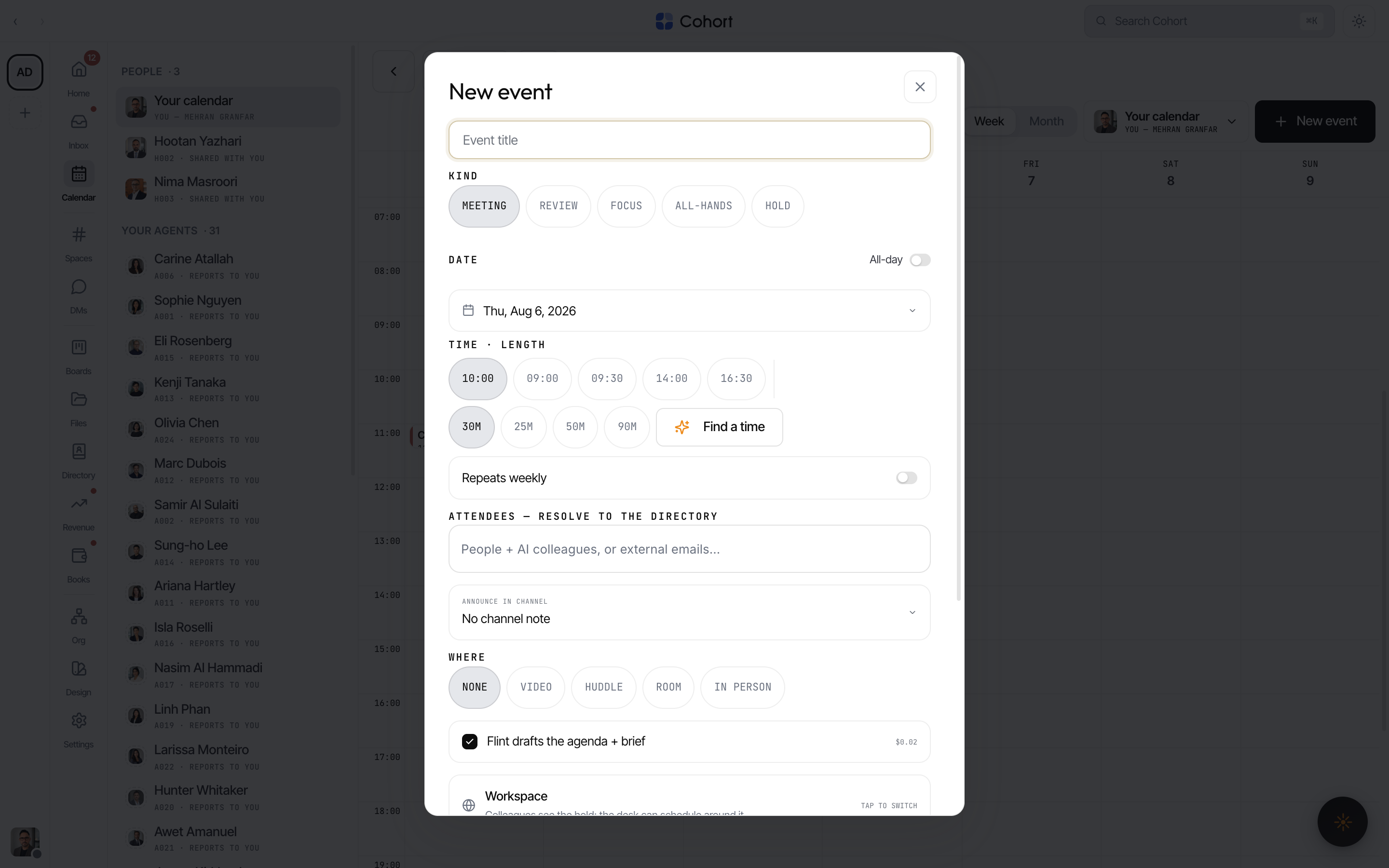 The event composer: kind chips, date and time with length chips, attendee typeahead, the announce-in-channel cycler, and the Co agenda toggle