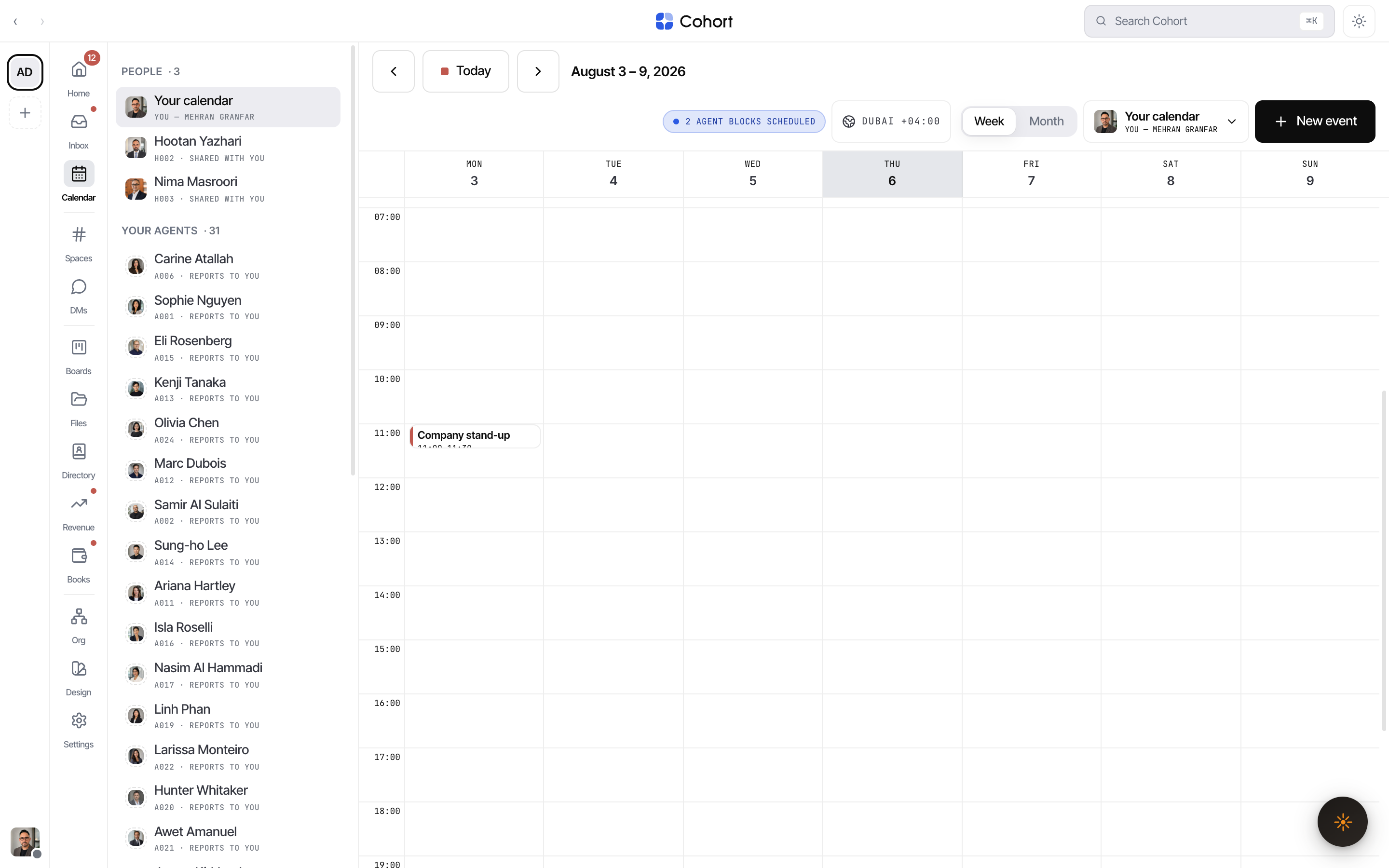 The desktop week grid with typed events and the viewpoint picker