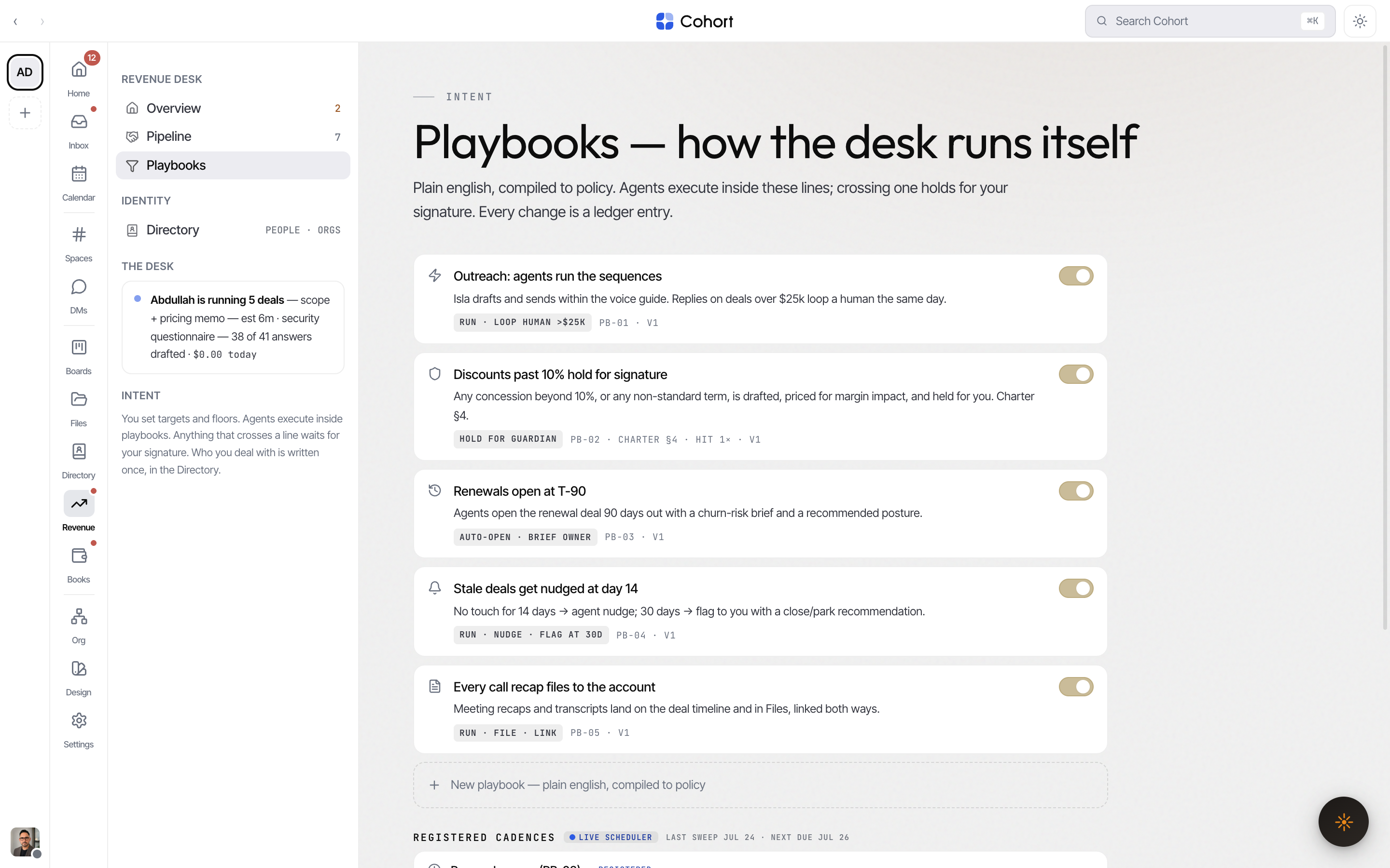 The playbooks list with compiled policy chips and version history