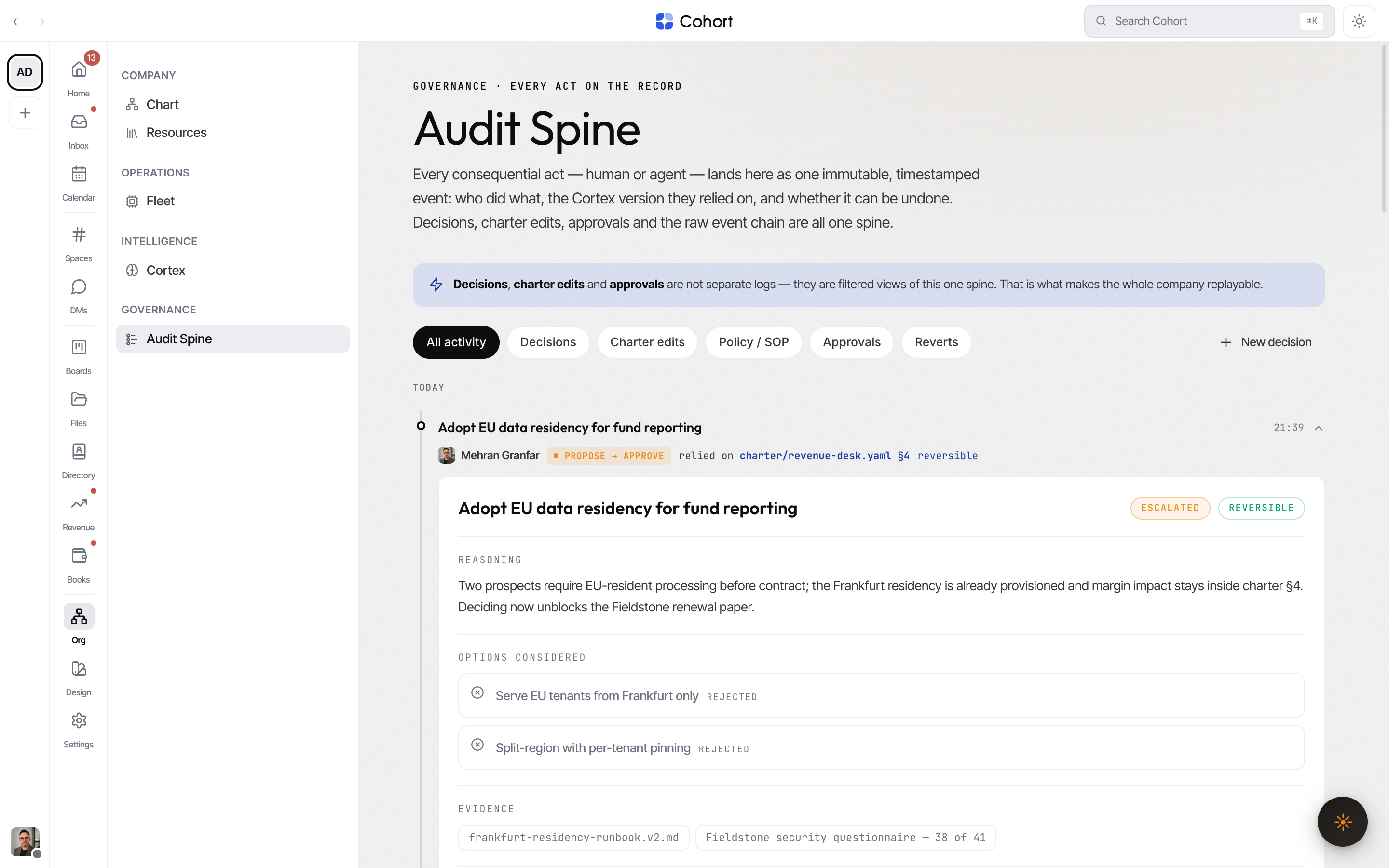 The Audit Spine on the Decisions surface, showing the decision ledger and the org action log
