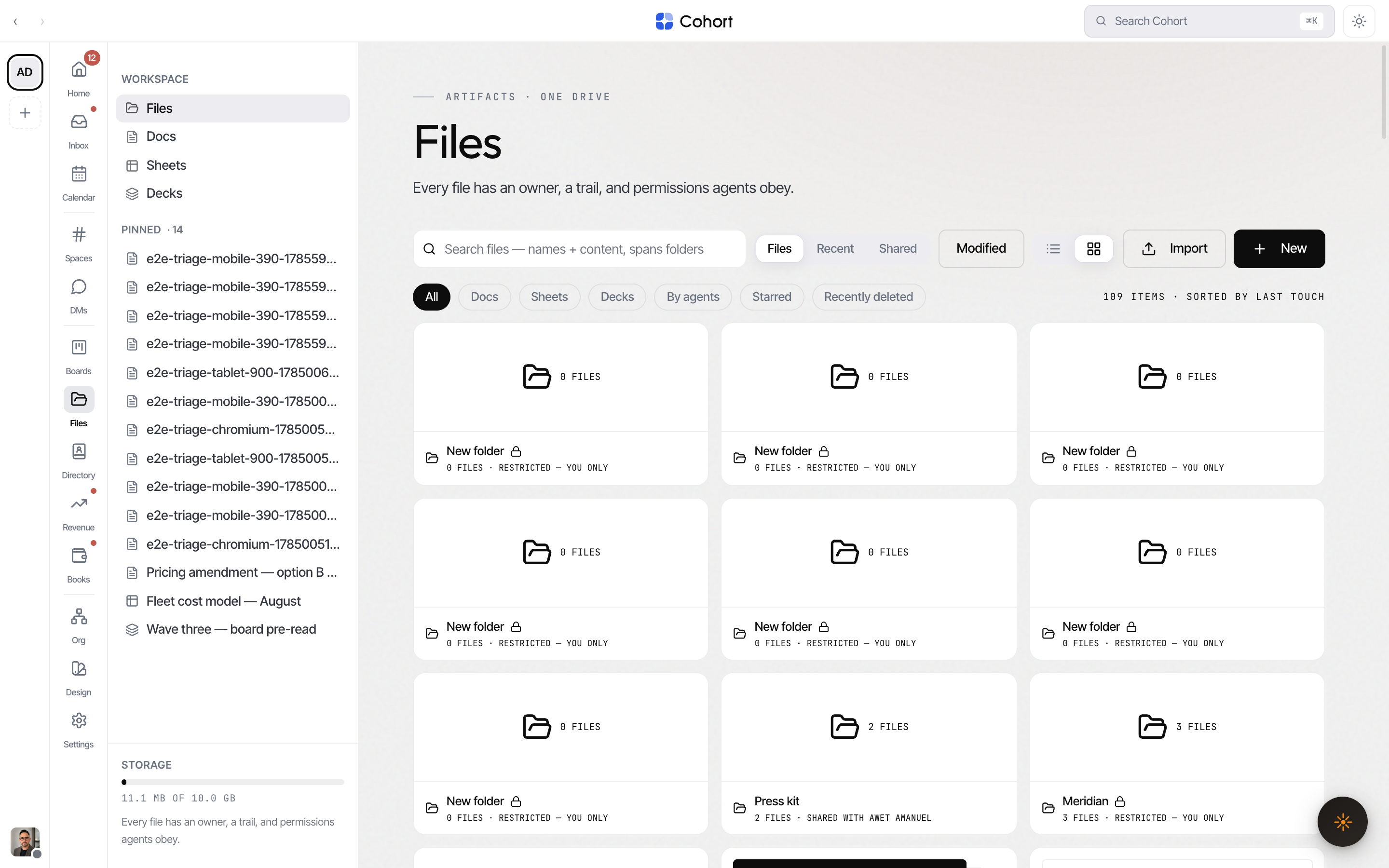 The Files drive with kind chips, folders and real-content previews