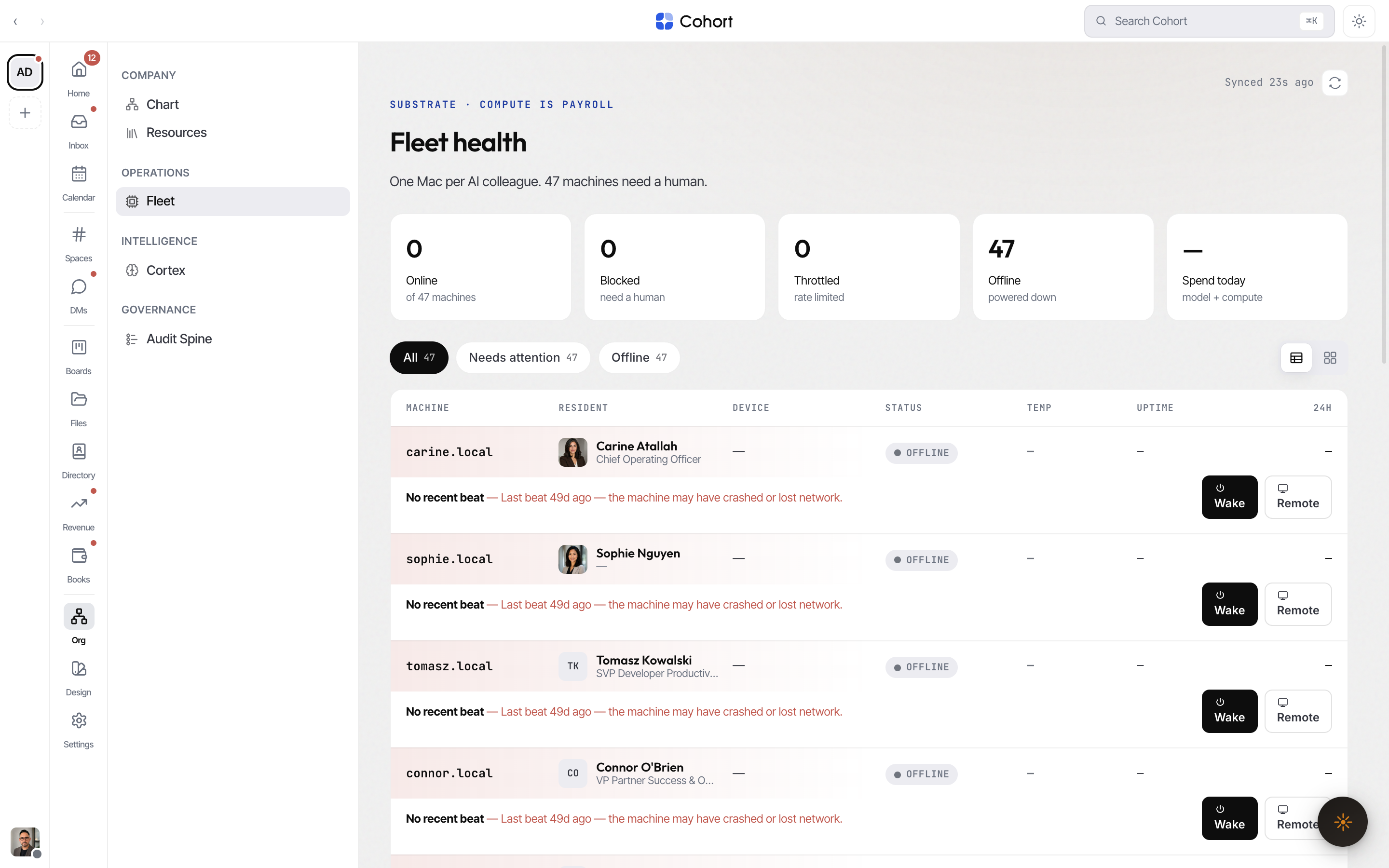The Fleet page: per-machine rows with status, temperature, uptime, and 24-hour spend, plus the summary stat tiles