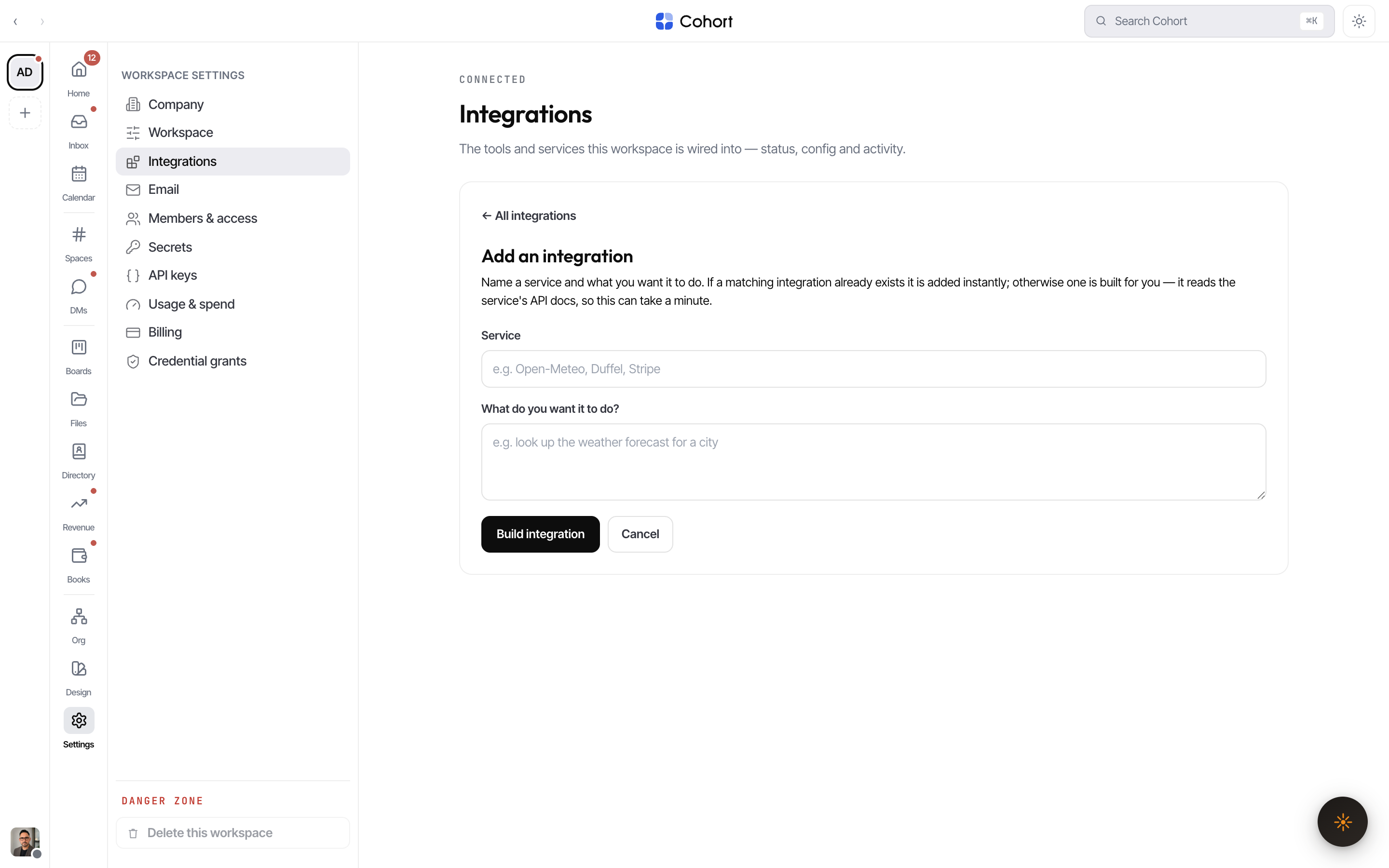 The Add an integration form with fields for the service name and the capability you want