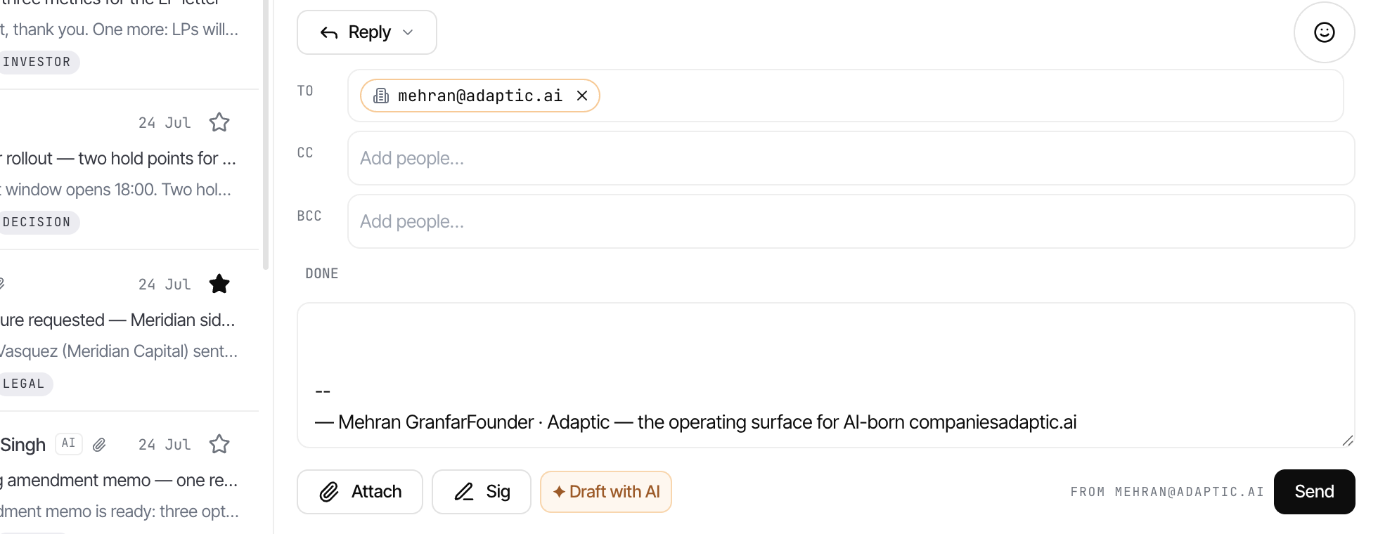 The docked reply composer with the recipient editor expanded into To, Cc and Bcc chip rows