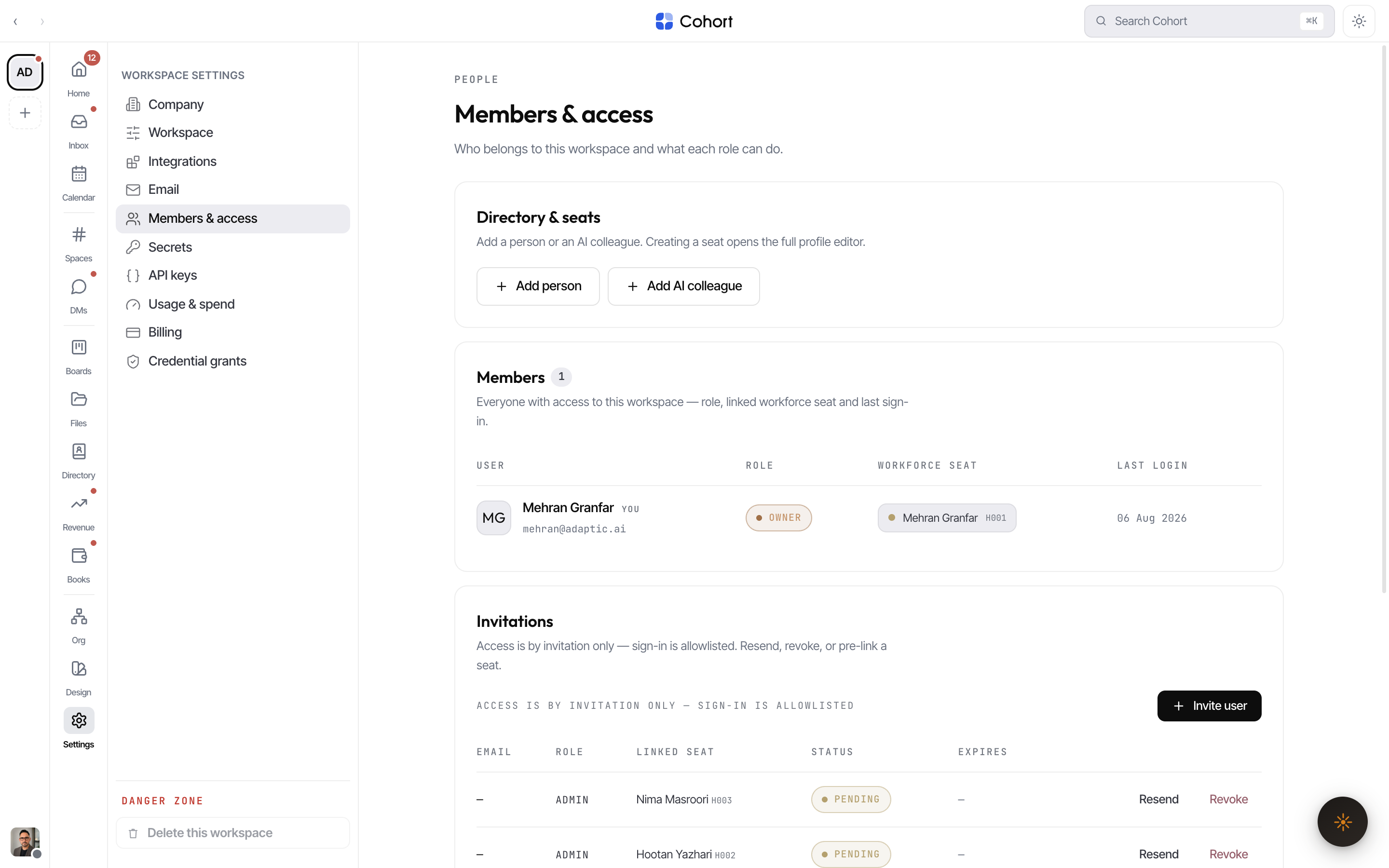 The Members & access tab showing the member roster, invitations, and seat controls