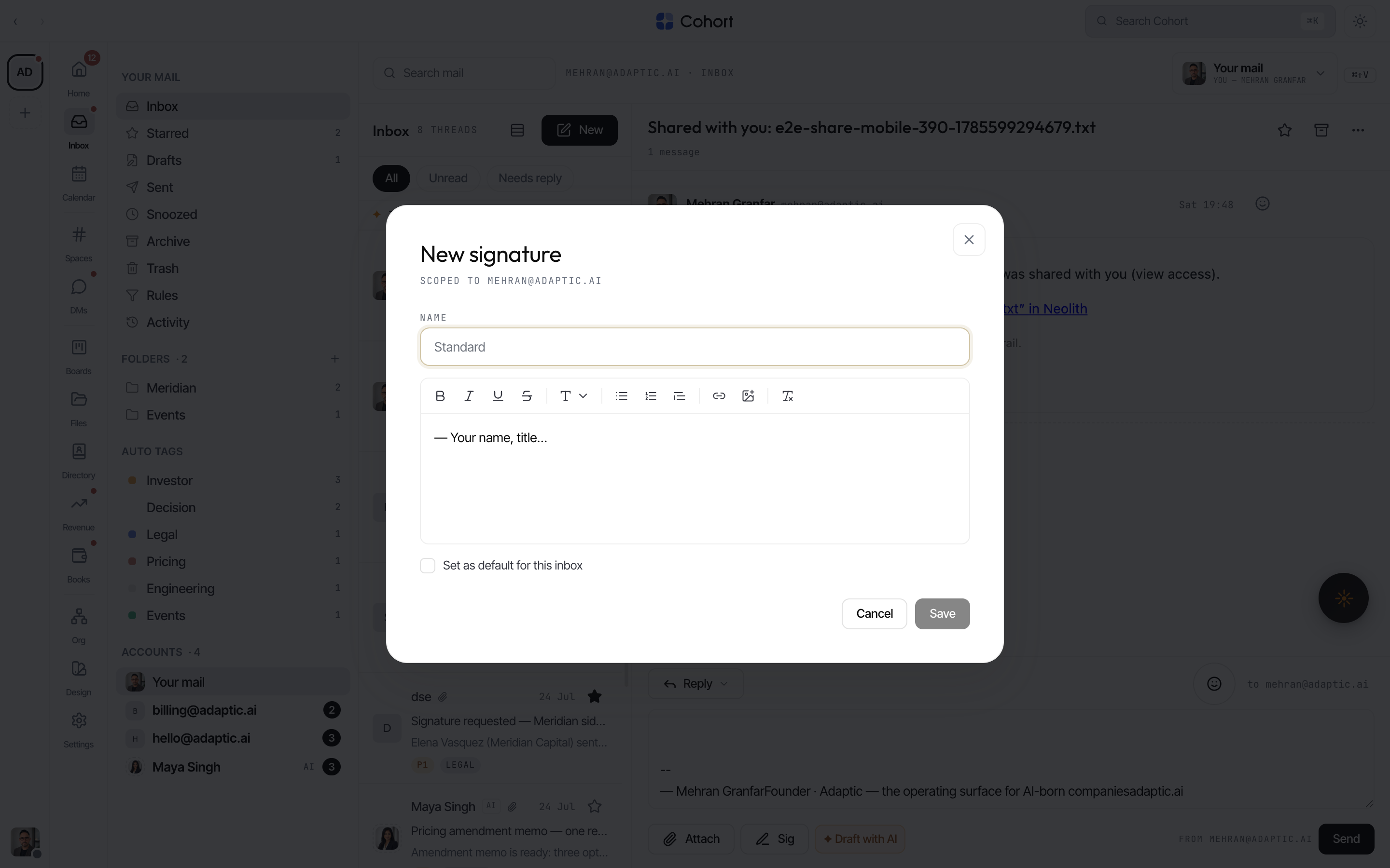 The signature editor dialog: name field, rich body editor, and the default-for-this-inbox checkbox