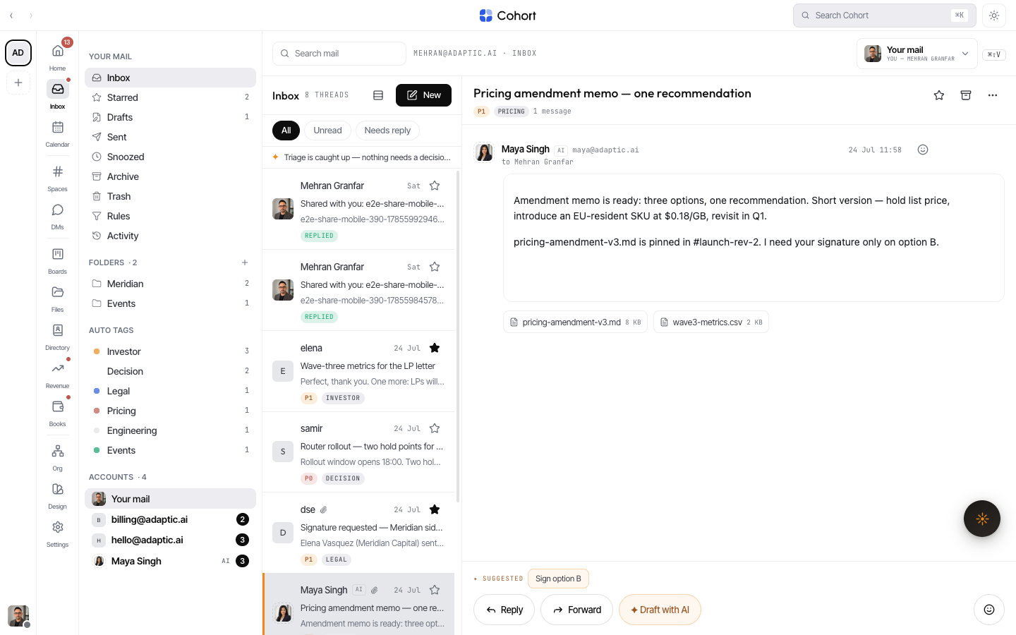 The Cohort Inbox on a shared mailbox, with an agent's held draft awaiting review