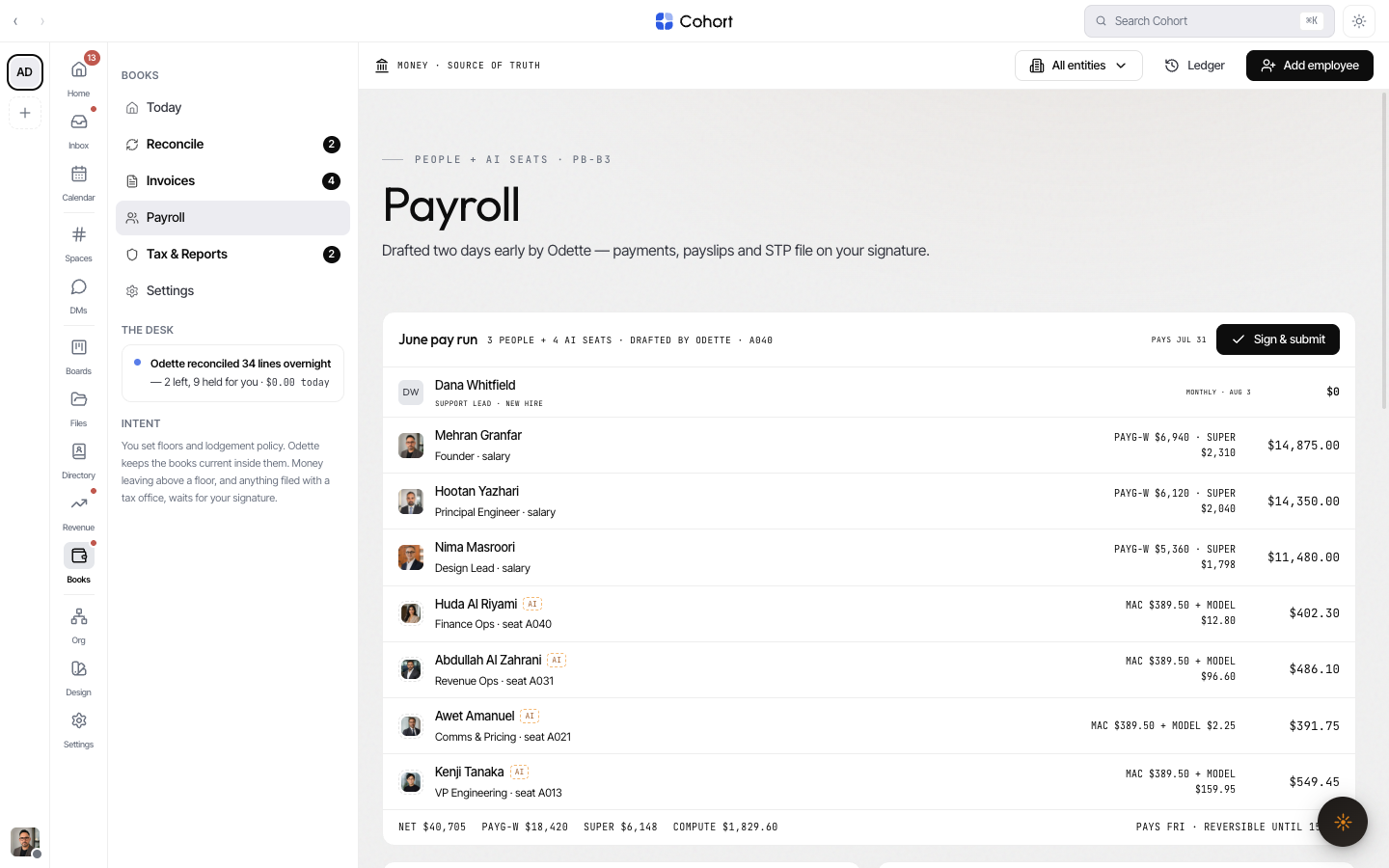 A Cohort pay run paying human seats and AI-colleague desks on the same run