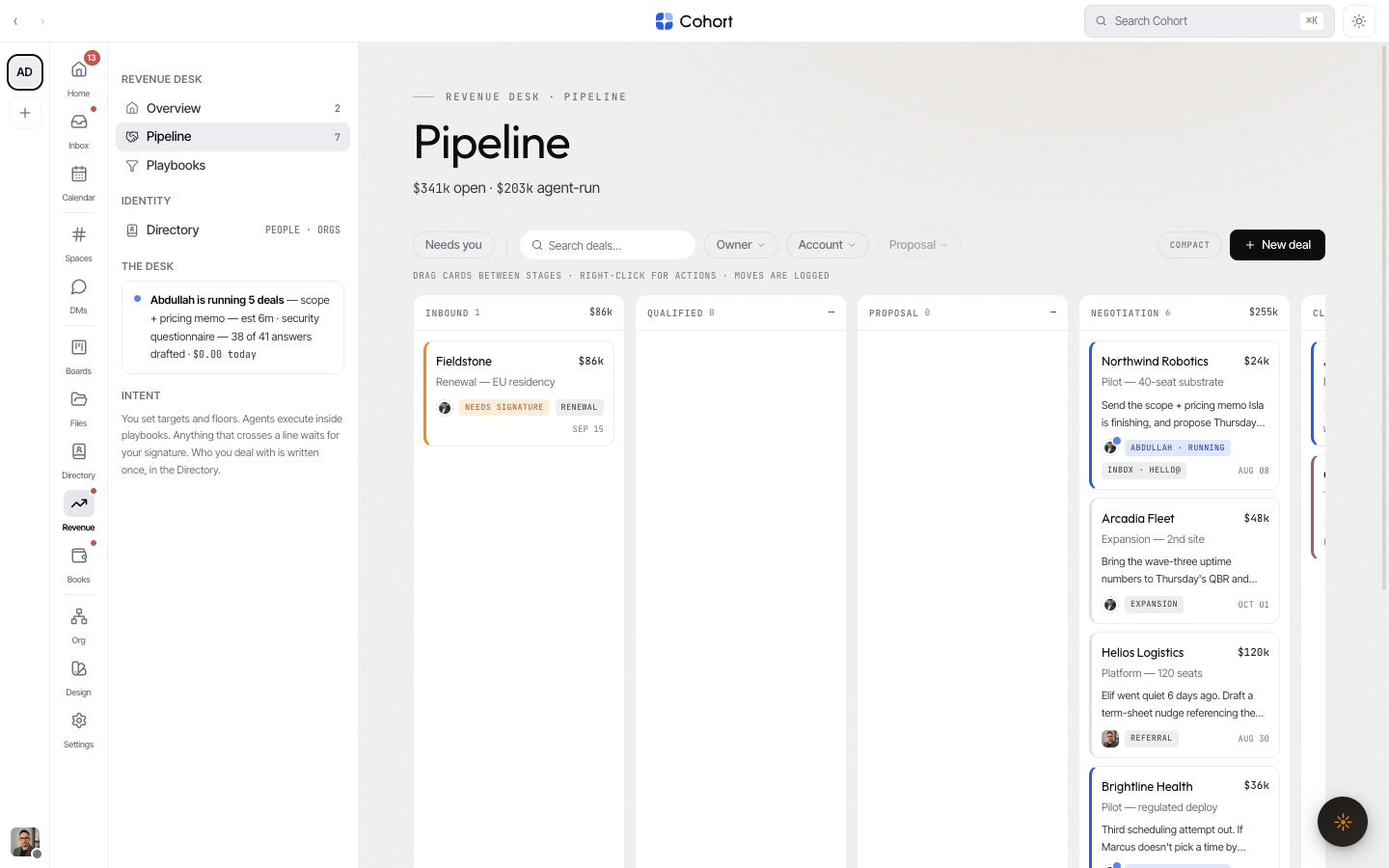 The Cohort CRM pipeline board with five stages and a held deal awaiting signature